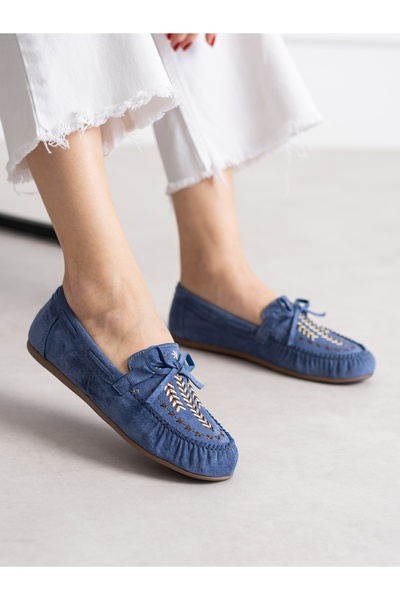 ALEMDAR AYAKKABI BOHEM Сини бродерирани дамски балетни пантофки