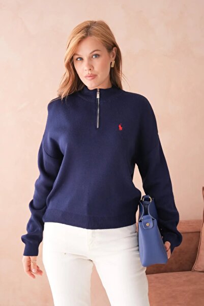 Park Karon Women's Stand Collar Half Zipper Soft Textured Knitwear Sweater 10536