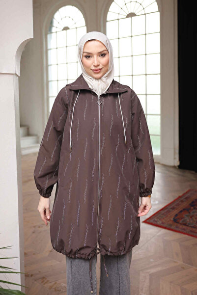 İmajButik Brown Stone Embroidered Zippered Trench Coat