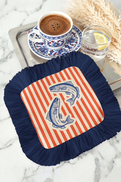 Evimde Bambaşka مناديل ملونة بتصميم الأسماك البحرية مع شراشيب - مناديل ماصة ل...