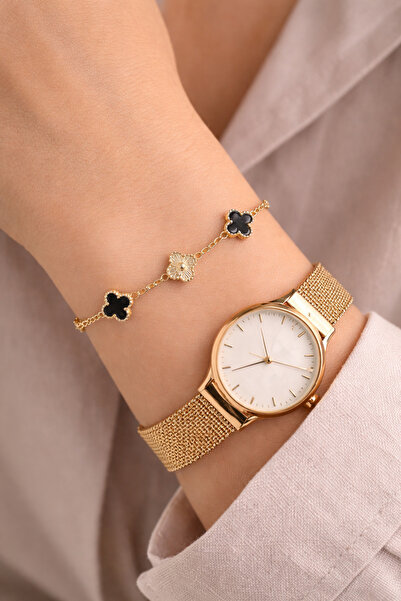 POYASE سوار من الفولاذ باللون الذهبي مع تفاصيل من الحشائش السوداء، موديل أنيق...