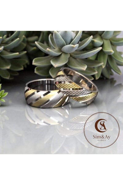 Alyans 925 AYAR 8MM 14 AYAR ALTIN VE BEYAZ RODYUM KAPLAMALI GÜMÜŞ