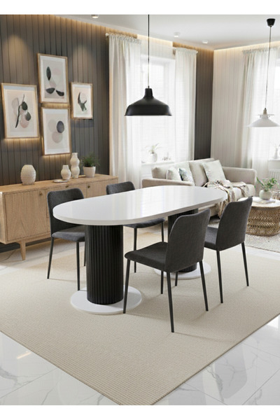 OlcayAksesuar Oslo 180x90x74cm (36MM KALIN KENARLI) Oval Beyaz Sütunlu Yemek ...