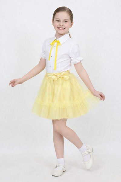 FATELLA Жълта дантелена блуза с панделка за момичета Жълта пола с волани от т...