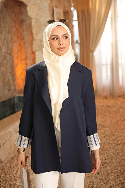 İmajButik Navy Blue Striped Lined Jacket