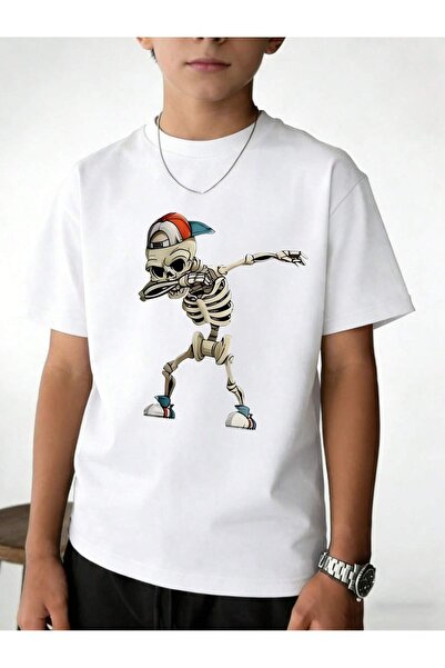Velostra Tricou din bumbac pieptănat, cu imprimeu cu schelet pentru copii, co...