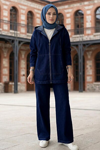 hafsamina Front Zippered Kangaroo Pocket Double Denim Set Hm2880 Dark Blue