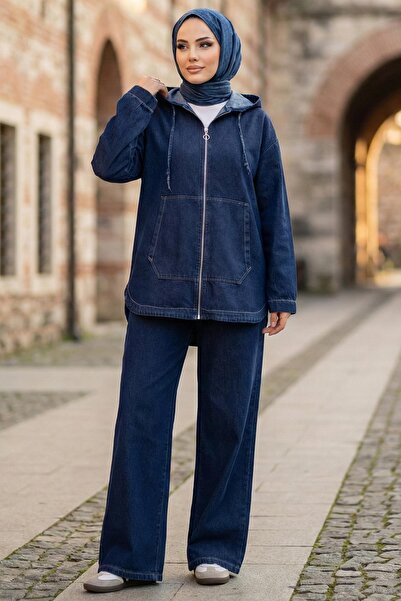 hafsamina Front Zippered Kangaroo Pocket Double Denim Set Hm2880 Blue