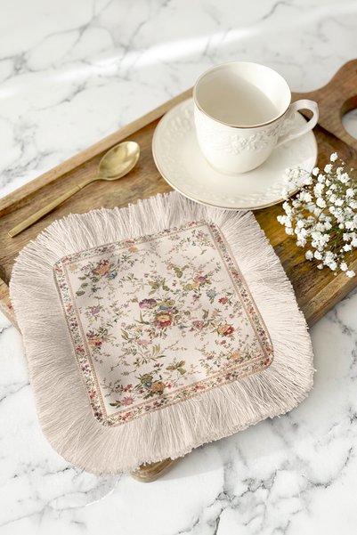 Evimde Bambaşka Elegant Floral Fringed Presentation Napkin-Vintage Romantic Powder Nostalgic Coaster Serving Handkerchief