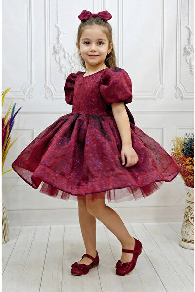 ELLUSSİ Bordo Kendiliğinden simli Kuyruklu Kısa Kol Elbise Abiye Gelinlik