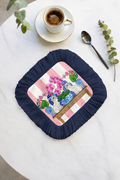 Evimde Bambaşka Șervețel decorativ cu franjuri în stil chinoiserie - Șervețel...