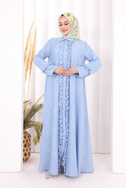Bym Fashion Fırfır Detaylı Elbise 6066 Mavi