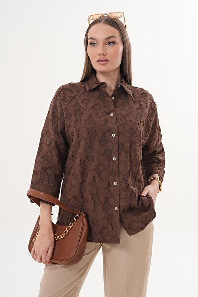 ŞİMAL Women's Floral Patterned Flocked Long Sleeve Shirt 260303