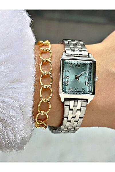 Tisaati ساعة يد نسائية من سلسلة بريميوم بتصميم مربع خاص ورقم روماني وسوار معد...