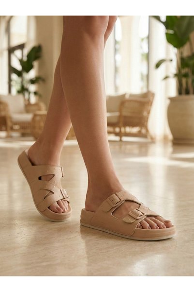 mollissoft Women's Wet Floor and Daily Use Suitable Drop Leather Cross Buckle Slippers