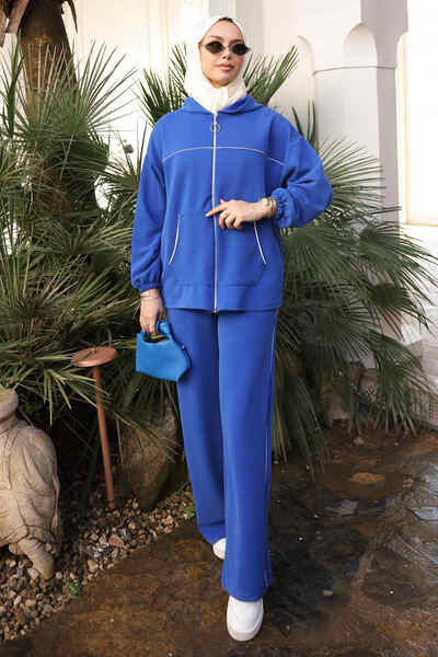 İmajButik Saks Blue Hooded Zippered Sweat Cardigan Pants Set