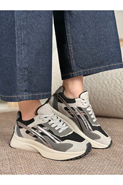 Eysha Rovena Women's Gray Silver High Sole Lace-Up Sneaker Sports Shoes