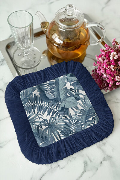 Evimde Bambaşka Șervețel de prezentare cu franjuri și motiv cu frunze tropica...