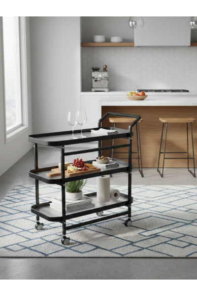 BEC42 Modern 3-Tier Organizing and Serving Trolley - Matte Black with Transpa...