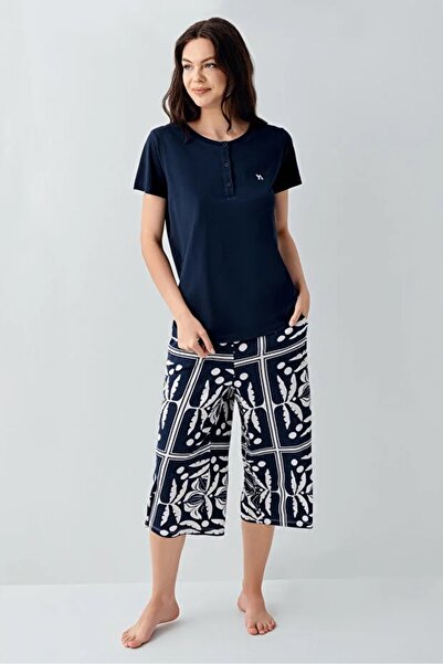 YUYİ Arnetta Modal Cotton Buttoned Collar Short Sleeves Women's Capri Pajama ...