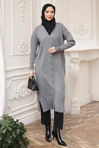 İmajButik Gray Cool Yarn Buttoned Knit Cardigan