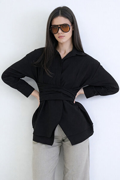 Trend Alaçatı Stili Women's Black Hidden Placket Waist Tie Slit Detailed Popl...