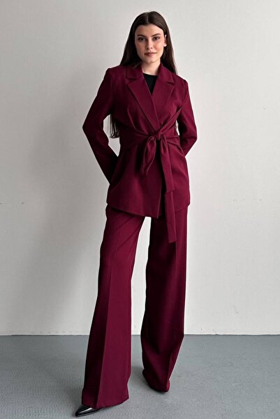 AKD Atelier Women's Jacket Pants Set Waist Tie Detailed Blazer Jacket Wide Le...