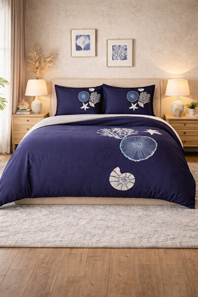 Özdilek Corallino Çift Kişilik Lastikli Çarşaf Nevresim Takımı - LACİVERT