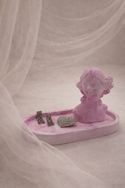 Atiye Studio Pink Marble Pattern Girl Statue and Oval Plate 2-Piece Decorativ...