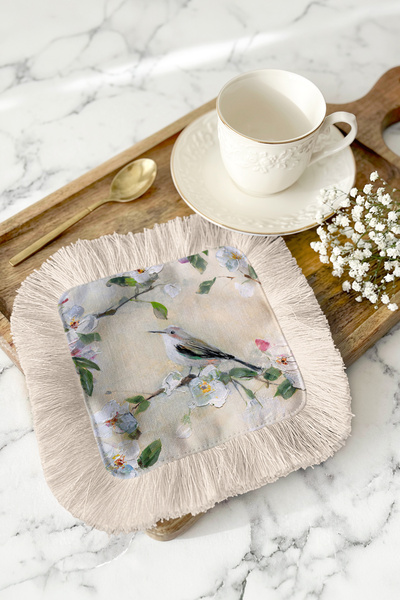 Evimde Bambaşka Șervețel elegant cu franjuri și motiv floral cu păsări - Șerv...