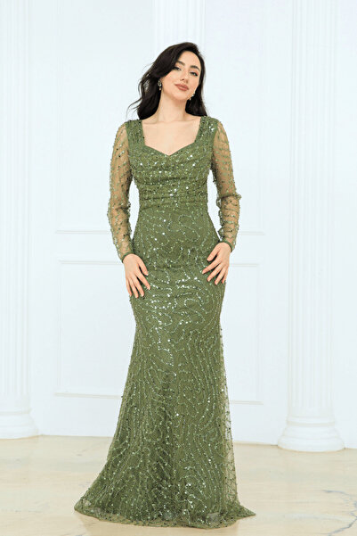 BEYBOS فستان بياقة ديجاجيه مطرز بالكامل - أخضر كاكي