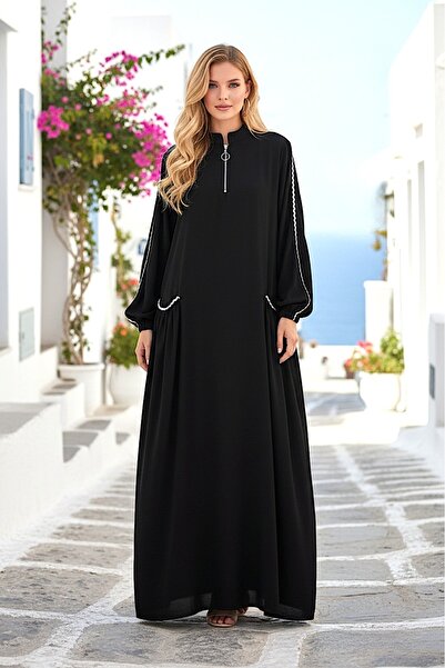 Tubik Women's Hijab Dress with Stand Collar, Zipper Closure, and Pocket