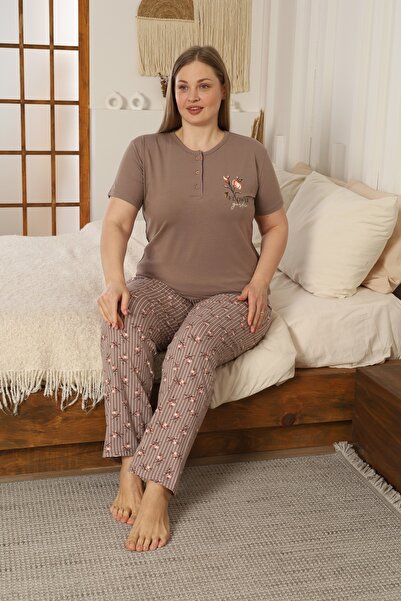KAPİTEX Plus Size Short Sleeve Buttoned Striped Floral Pajama Set