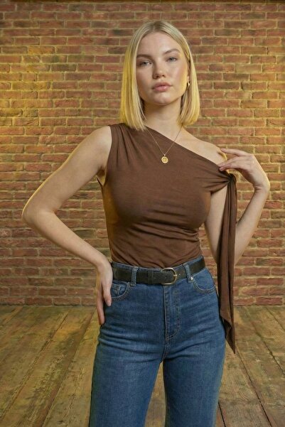 moddosa fashion Women's Asymmetrical Collar Shoulder Tie Detailed Stretchy Bl...