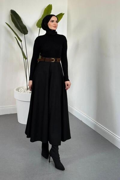 Şulemoda Giyim Belted Crepe Skirt Black