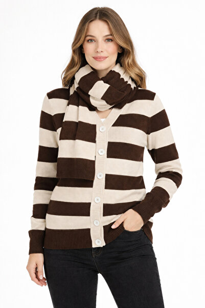 ModaPlaza Women's Striped Cardigan with Scarf Combination