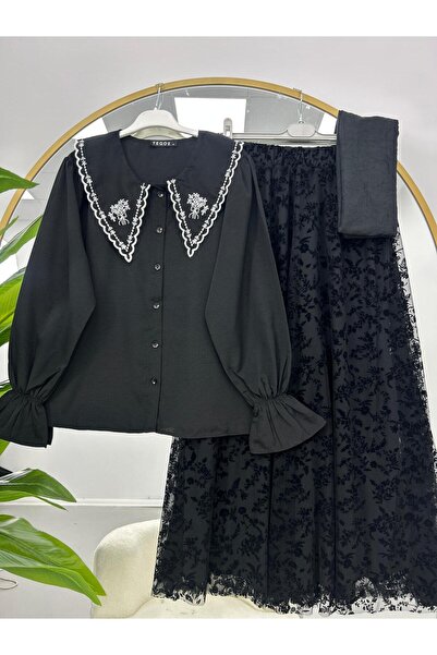 VOLT CLOTHİNG Embroidered Collar Blouse with Lace Skirt Set