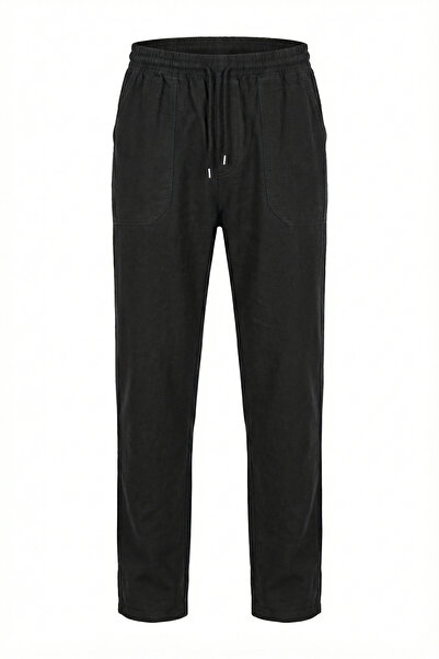 Kozik Men's Black Linen Blend Relaxed Fit Pants Comfortable Cut