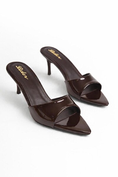 LDR Women's Brown Patent Leather Thin Heeled Pointed Toe Slippers