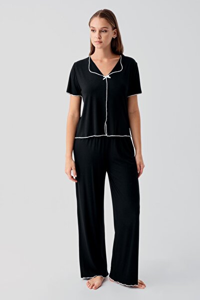 Artış Set de pijamale din viscoză elastică cu mâneci scurte și fundă