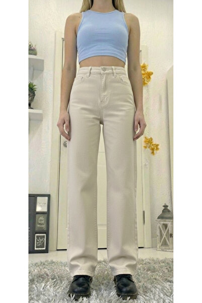 incirgüneyi ليما كريم قصة ساق واسعة بنطلون جينز عالي الخصر كريمي اللون واسع ا...