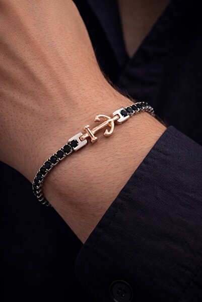 vogutima Erkek Çelik Bileklik - Çapa Model Tasarım Paslanmaz Siyah Zirkon Taş...