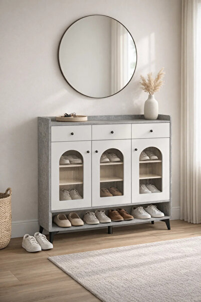MARIA HOMES Elegant Grey and White Shoe Cabinet Sideboard with 3 Drawers and ...