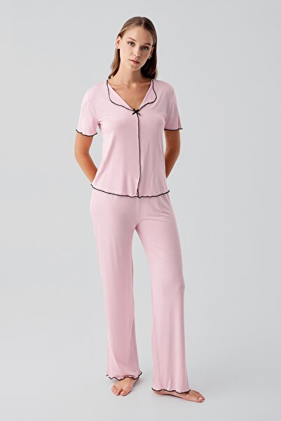 Artış Set de pijamale din viscoză elastică cu mâneci scurte și fundă