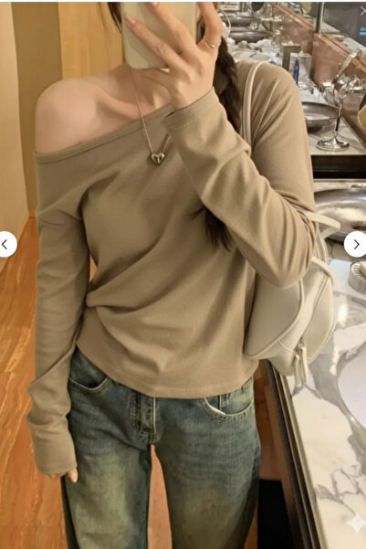 COOL TARZ Brown Women's Off-Shoulder Boat Neck Oversize Long Sleeve T-Shirt