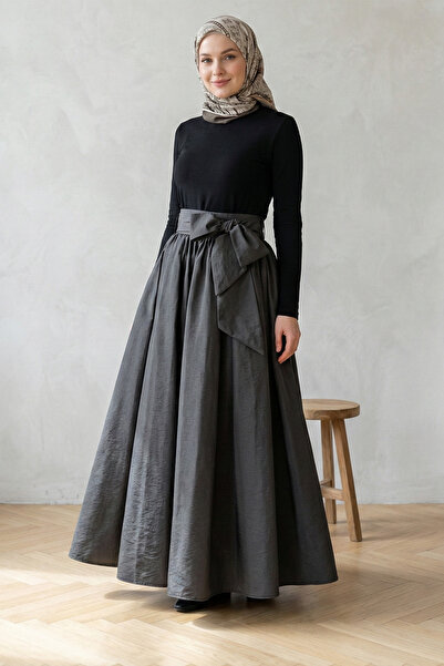 FERHEL Women's Pleated Belted Parachute Fabric Long Skirt - Black