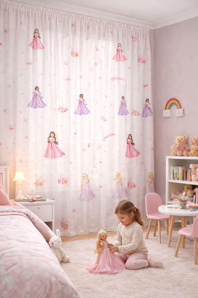 Perdenin Adresi Prenses Desenli Bebek & Çocuk Odası Tül Perde Normal Pile