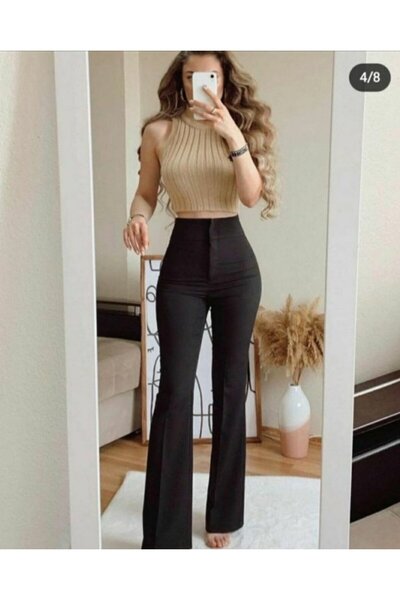 JANES Women's High Waist Flared Atlas Fabric Trousers