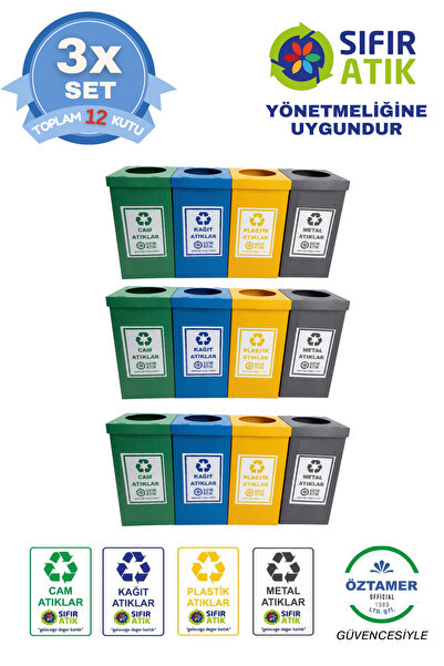 ÖZTAMER 3 SET 12 PARÇA 4'lü Geri Dönüşüm ve Sıfır Atık Kutusu Seti - Cam, Kağ...