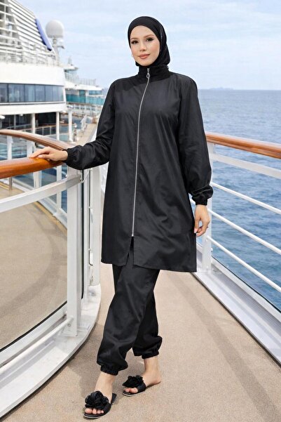 Ms Modern 3-Piece Tesettür Top Flat Fabric Swimsuit - Black - Sh19